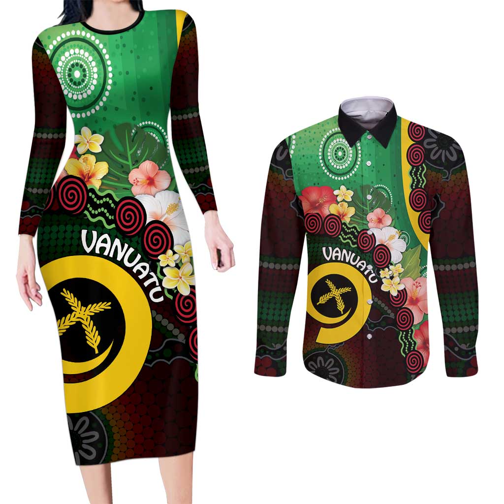 Long God Yumi Stanap Vanuatu Couples Matching Long Sleeve Bodycon Dress and Long Sleeve Button Shirt Tropical Flowers Aboriginal Pattern LT14 Green - Polynesian Pride