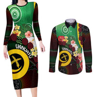 Long God Yumi Stanap Vanuatu Couples Matching Long Sleeve Bodycon Dress and Long Sleeve Button Shirt Tropical Flowers Aboriginal Pattern LT14 Green - Polynesian Pride