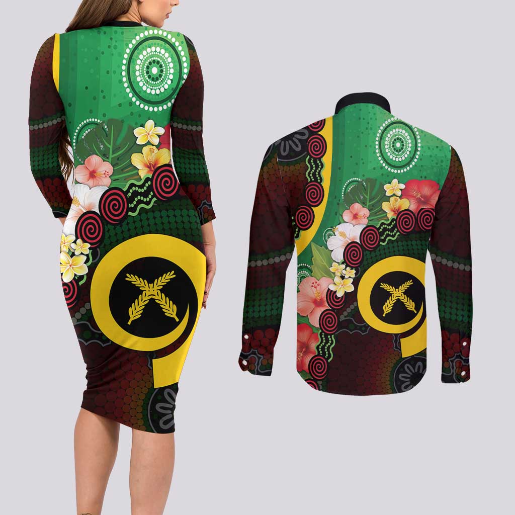 Long God Yumi Stanap Vanuatu Couples Matching Long Sleeve Bodycon Dress and Long Sleeve Button Shirt Tropical Flowers Aboriginal Pattern LT14 - Polynesian Pride