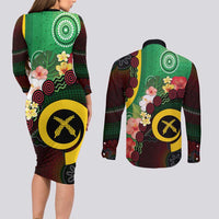 Long God Yumi Stanap Vanuatu Couples Matching Long Sleeve Bodycon Dress and Long Sleeve Button Shirt Tropical Flowers Aboriginal Pattern LT14 - Polynesian Pride