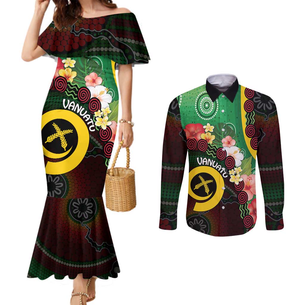 Long God Yumi Stanap Vanuatu Couples Matching Mermaid Dress and Long Sleeve Button Shirt Tropical Flowers Aboriginal Pattern LT14 Green - Polynesian Pride