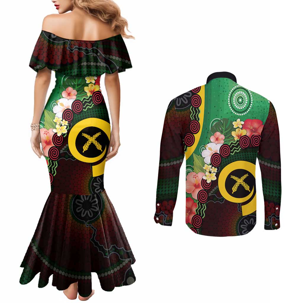 Long God Yumi Stanap Vanuatu Couples Matching Mermaid Dress and Long Sleeve Button Shirt Tropical Flowers Aboriginal Pattern LT14 - Polynesian Pride