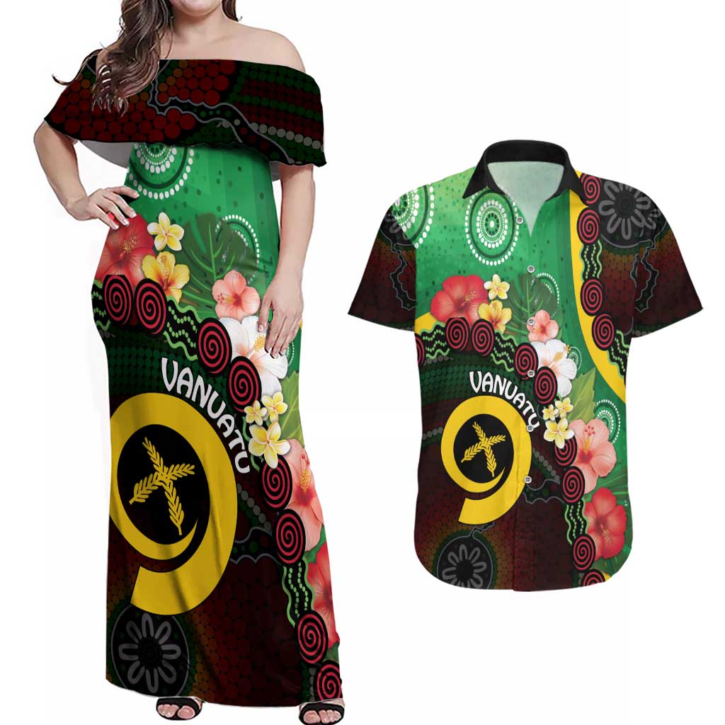 Long God Yumi Stanap Vanuatu Couples Matching Off Shoulder Maxi Dress and Hawaiian Shirt Tropical Flowers Aboriginal Pattern LT14 Green - Polynesian Pride