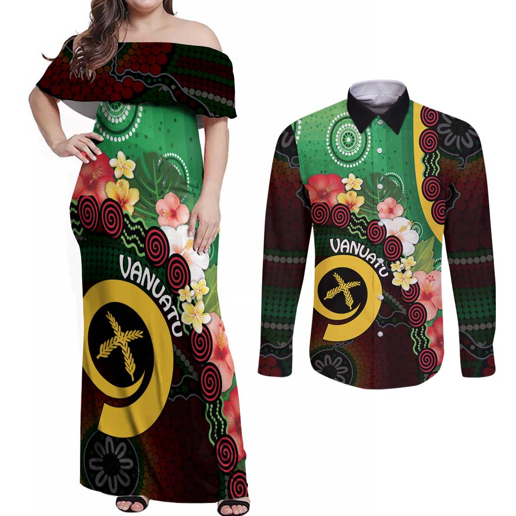Long God Yumi Stanap Vanuatu Couples Matching Off Shoulder Maxi Dress and Long Sleeve Button Shirt Tropical Flowers Aboriginal Pattern LT14 Green - Polynesian Pride