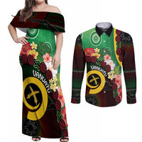 Long God Yumi Stanap Vanuatu Couples Matching Off Shoulder Maxi Dress and Long Sleeve Button Shirt Tropical Flowers Aboriginal Pattern LT14 Green - Polynesian Pride
