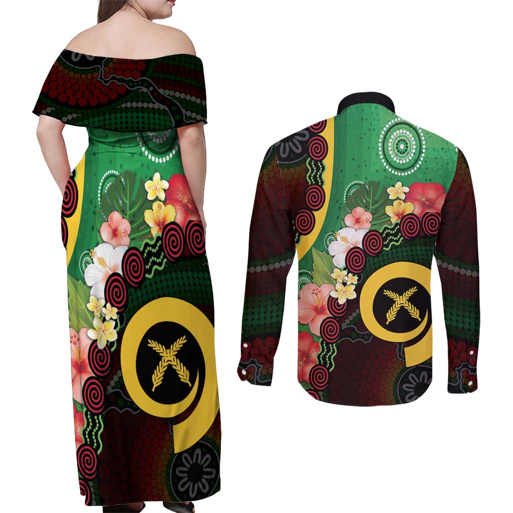 Long God Yumi Stanap Vanuatu Couples Matching Off Shoulder Maxi Dress and Long Sleeve Button Shirt Tropical Flowers Aboriginal Pattern LT14 - Polynesian Pride