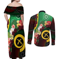 Long God Yumi Stanap Vanuatu Couples Matching Off Shoulder Maxi Dress and Long Sleeve Button Shirt Tropical Flowers Aboriginal Pattern LT14 - Polynesian Pride