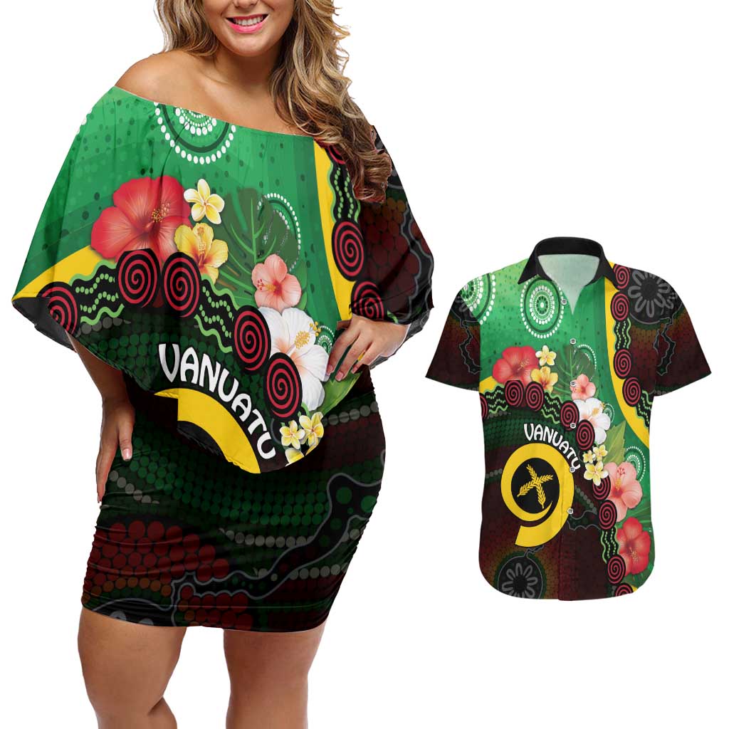 Long God Yumi Stanap Vanuatu Couples Matching Off Shoulder Short Dress and Hawaiian Shirt Tropical Flowers Aboriginal Pattern LT14 Green - Polynesian Pride