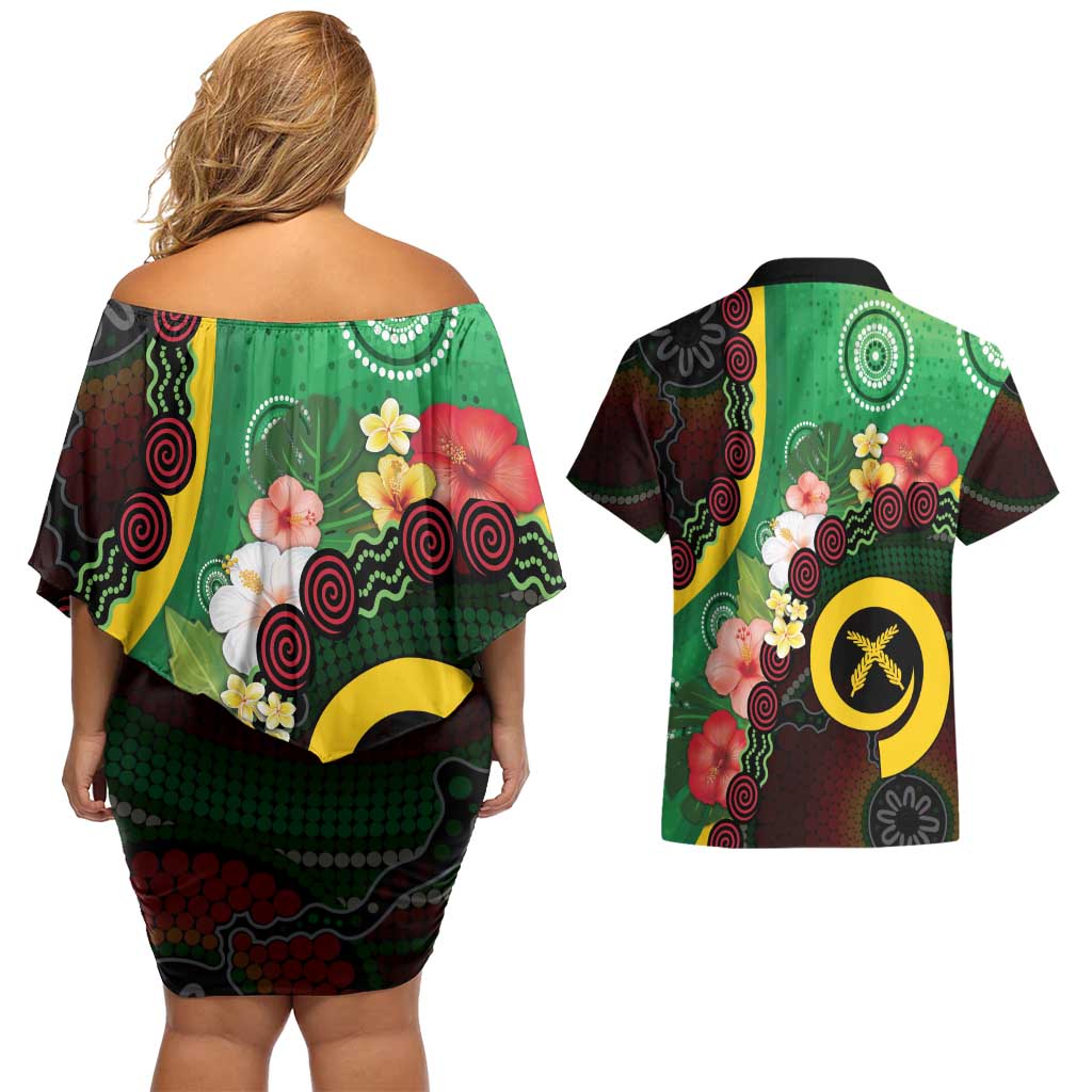 Long God Yumi Stanap Vanuatu Couples Matching Off Shoulder Short Dress and Hawaiian Shirt Tropical Flowers Aboriginal Pattern LT14 - Polynesian Pride