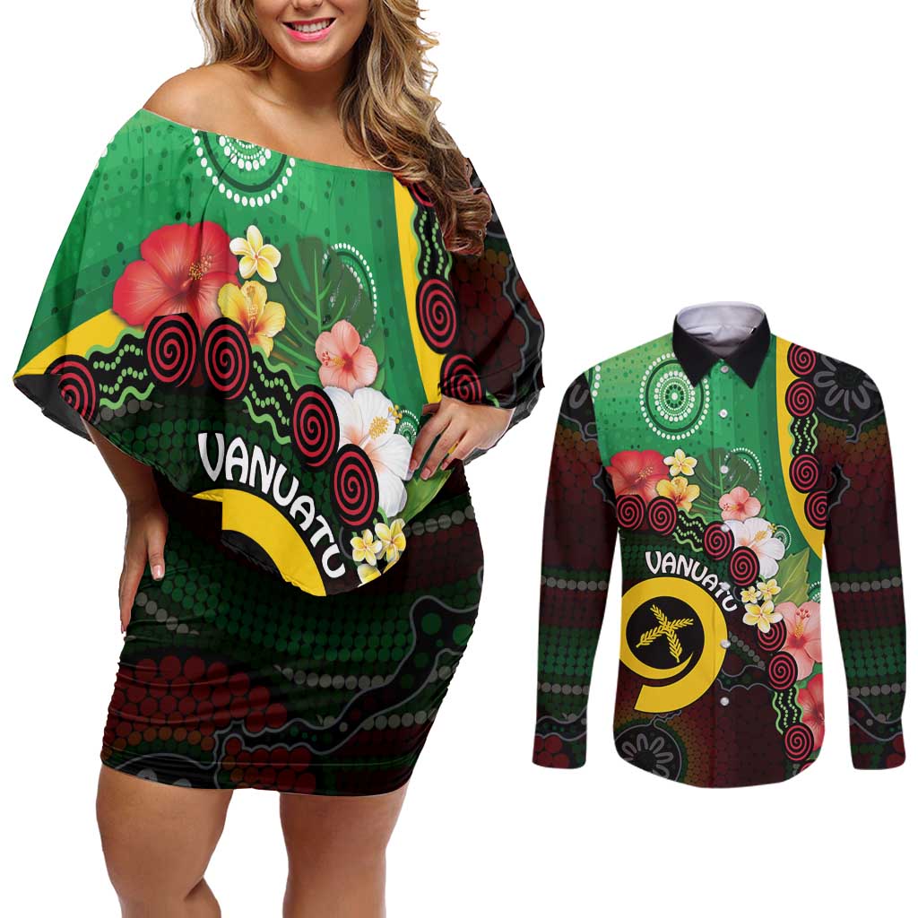Long God Yumi Stanap Vanuatu Couples Matching Off Shoulder Short Dress and Long Sleeve Button Shirt Tropical Flowers Aboriginal Pattern LT14 Green - Polynesian Pride