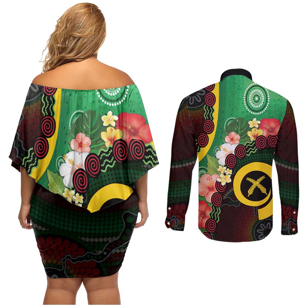 Long God Yumi Stanap Vanuatu Couples Matching Off Shoulder Short Dress and Long Sleeve Button Shirt Tropical Flowers Aboriginal Pattern LT14 - Polynesian Pride