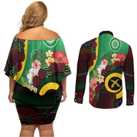 Long God Yumi Stanap Vanuatu Couples Matching Off Shoulder Short Dress and Long Sleeve Button Shirt Tropical Flowers Aboriginal Pattern LT14 - Polynesian Pride
