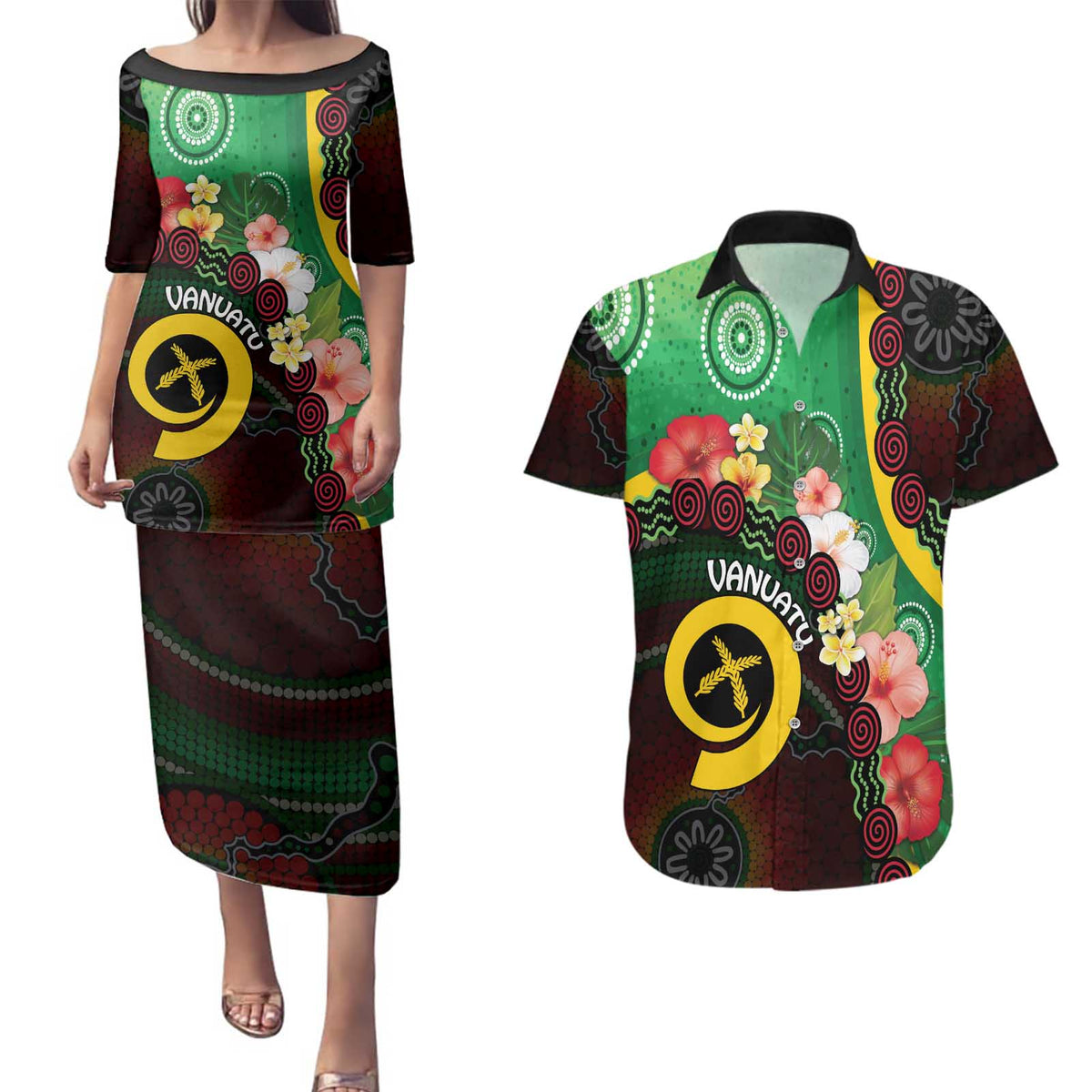 Long God Yumi Stanap Vanuatu Couples Matching Puletasi and Hawaiian Shirt Tropical Flowers Aboriginal Pattern LT14 Green - Polynesian Pride