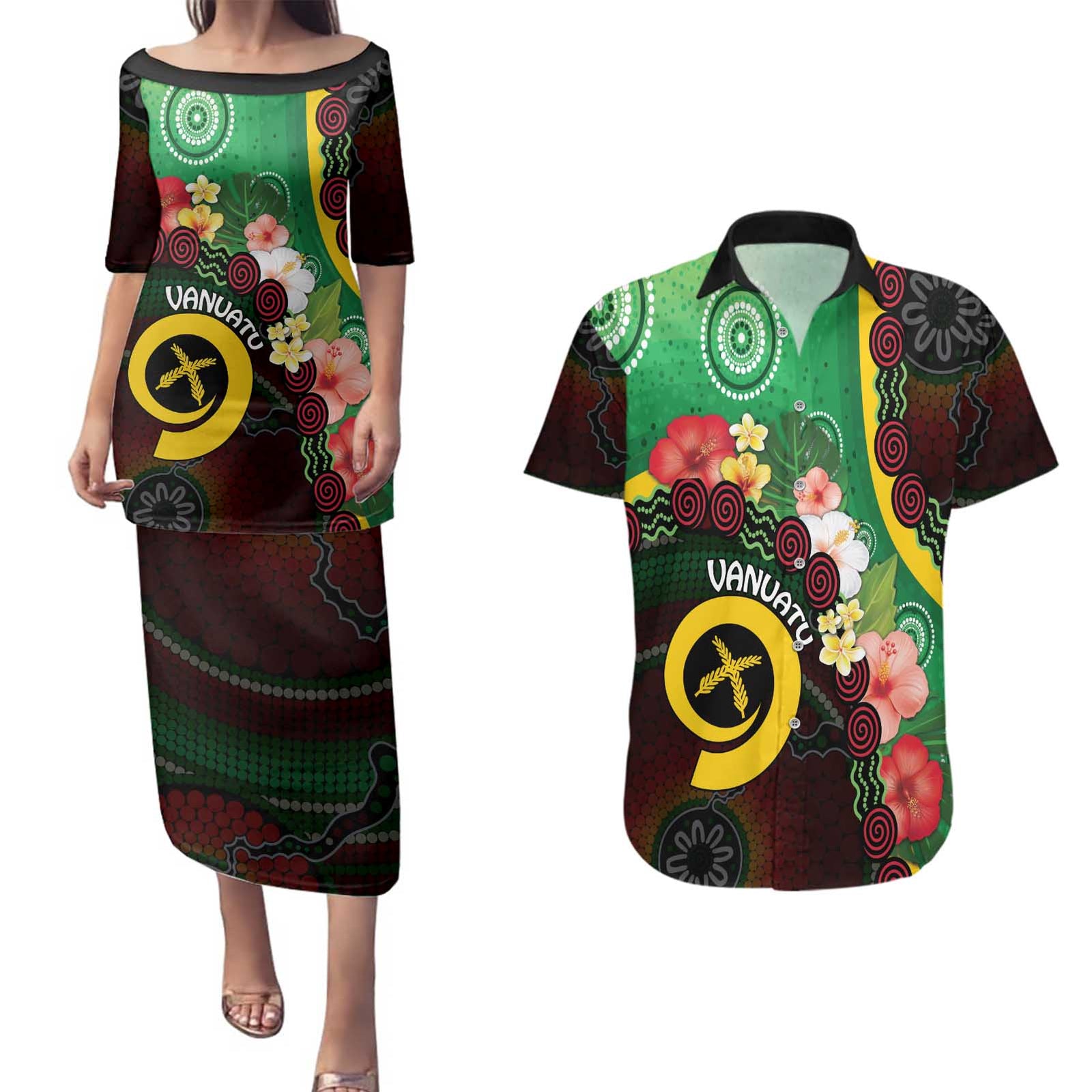 Long God Yumi Stanap Vanuatu Couples Matching Puletasi and Hawaiian Shirt Tropical Flowers Aboriginal Pattern LT14 Green - Polynesian Pride