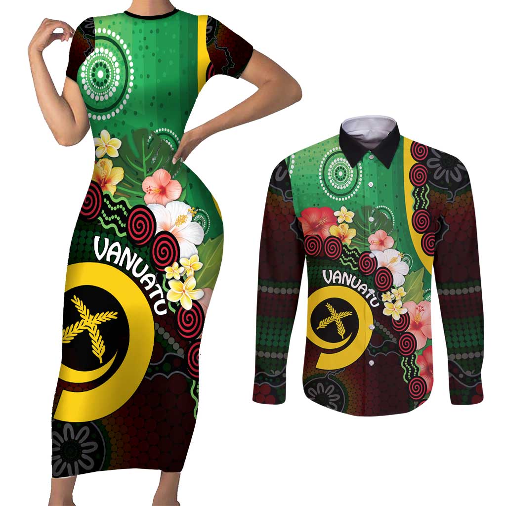 Long God Yumi Stanap Vanuatu Couples Matching Short Sleeve Bodycon Dress and Long Sleeve Button Shirt Tropical Flowers Aboriginal Pattern LT14 Green - Polynesian Pride