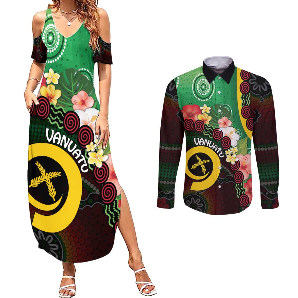Long God Yumi Stanap Vanuatu Couples Matching Summer Maxi Dress and Long Sleeve Button Shirt Tropical Flowers Aboriginal Pattern LT14 Green - Polynesian Pride