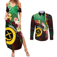 Long God Yumi Stanap Vanuatu Couples Matching Summer Maxi Dress and Long Sleeve Button Shirt Tropical Flowers Aboriginal Pattern LT14 Green - Polynesian Pride