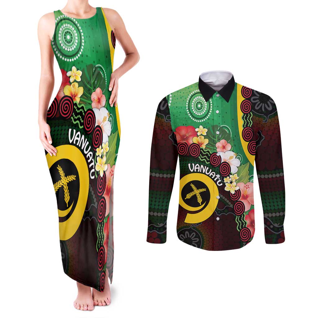 Long God Yumi Stanap Vanuatu Couples Matching Tank Maxi Dress and Long Sleeve Button Shirt Tropical Flowers Aboriginal Pattern LT14 Green - Polynesian Pride