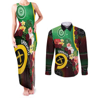 Long God Yumi Stanap Vanuatu Couples Matching Tank Maxi Dress and Long Sleeve Button Shirt Tropical Flowers Aboriginal Pattern LT14 Green - Polynesian Pride