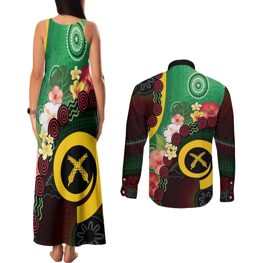 Long God Yumi Stanap Vanuatu Couples Matching Tank Maxi Dress and Long Sleeve Button Shirt Tropical Flowers Aboriginal Pattern LT14 - Polynesian Pride