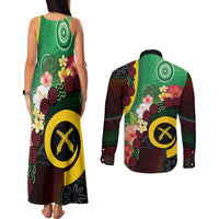 Long God Yumi Stanap Vanuatu Couples Matching Tank Maxi Dress and Long Sleeve Button Shirt Tropical Flowers Aboriginal Pattern LT14 - Polynesian Pride