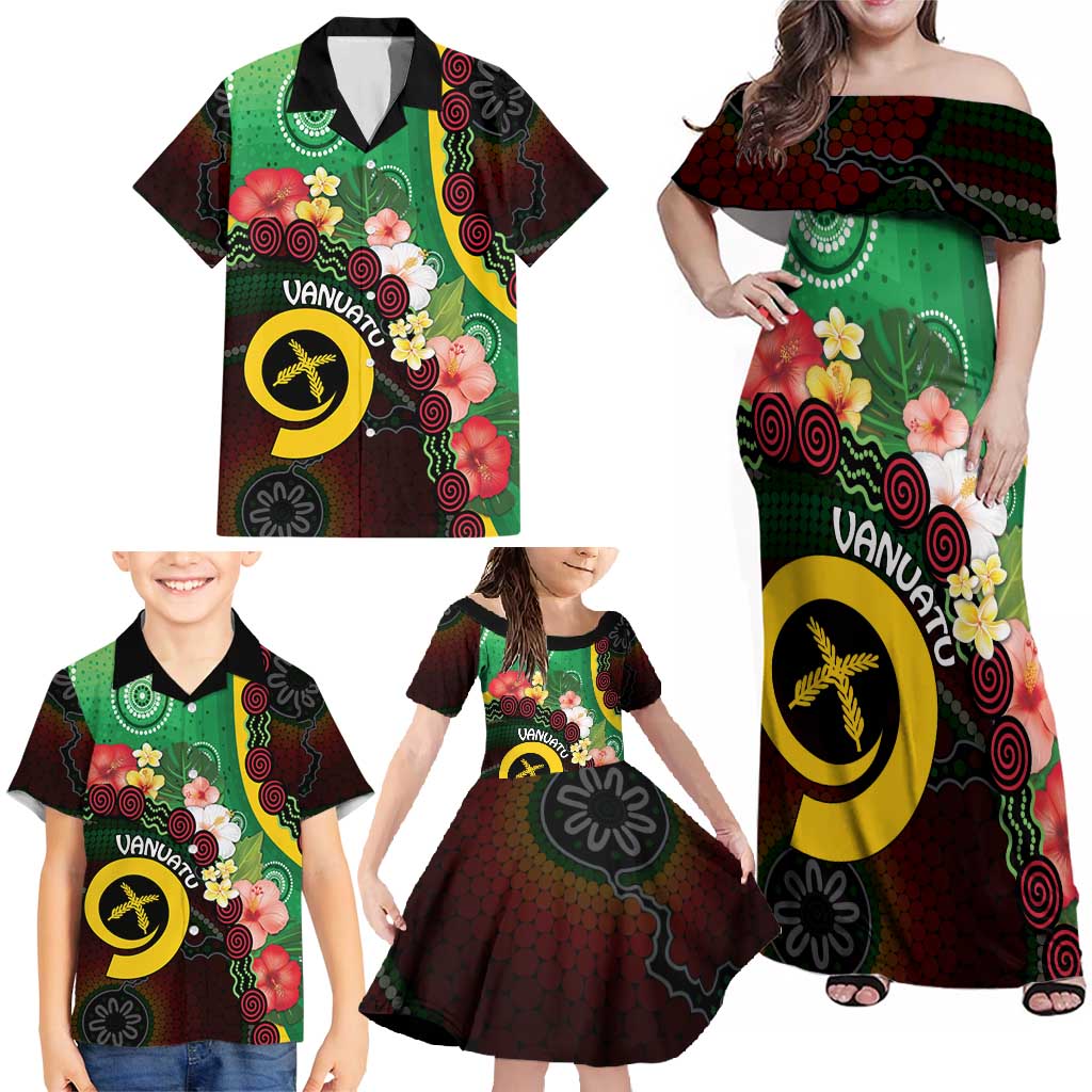 Long God Yumi Stanap Vanuatu Family Matching Off Shoulder Maxi Dress and Hawaiian Shirt Tropical Flowers Aboriginal Pattern LT14 - Polynesian Pride