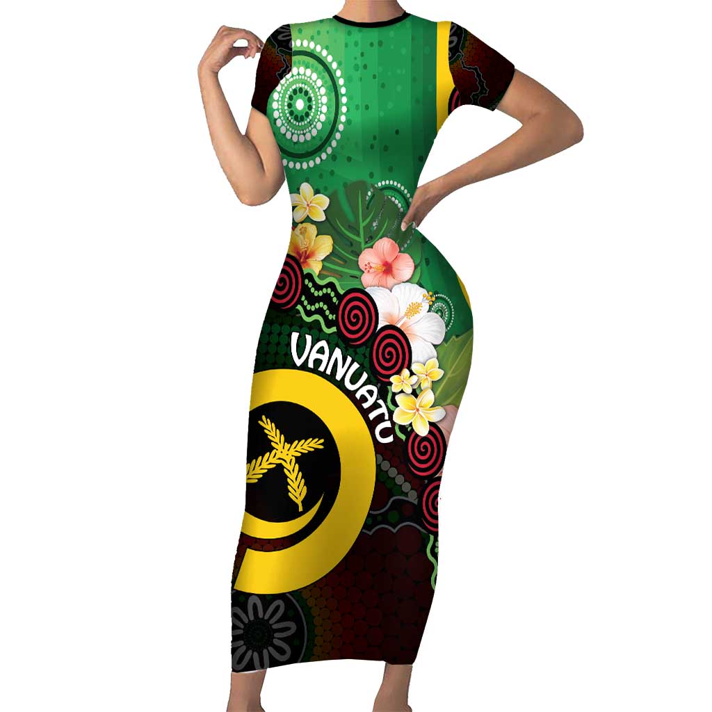 Long God Yumi Stanap Vanuatu Family Matching Short Sleeve Bodycon Dress and Hawaiian Shirt Tropical Flowers Aboriginal Pattern