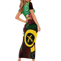 Long God Yumi Stanap Vanuatu Family Matching Short Sleeve Bodycon Dress and Hawaiian Shirt Tropical Flowers Aboriginal Pattern