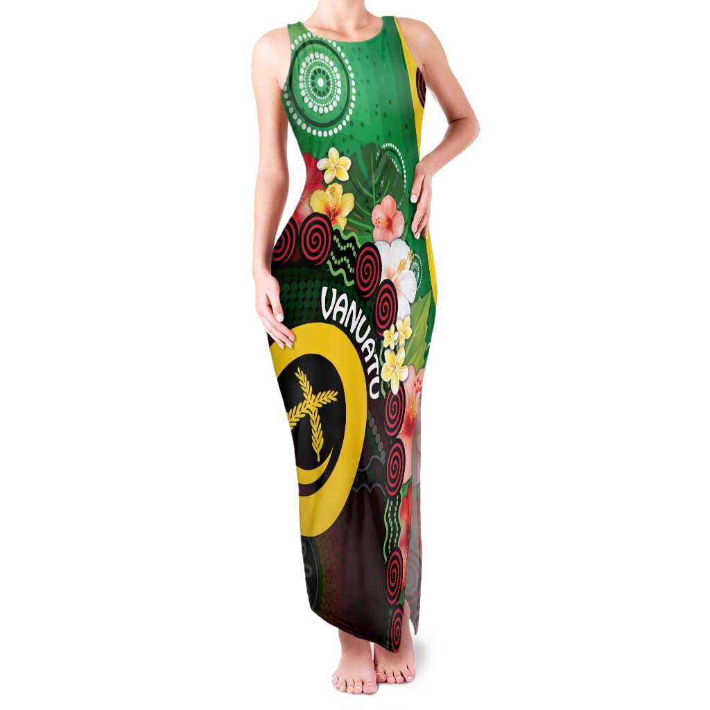 Long God Yumi Stanap Vanuatu Family Matching Tank Maxi Dress and Hawaiian Shirt Tropical Flowers Aboriginal Pattern