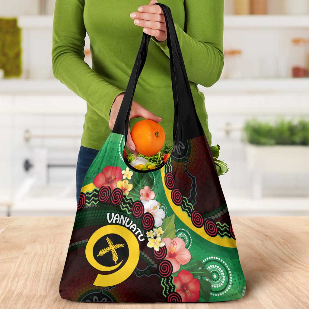 Long God Yumi Stanap Vanuatu Grocery Bag Tropical Flowers Aboriginal Pattern