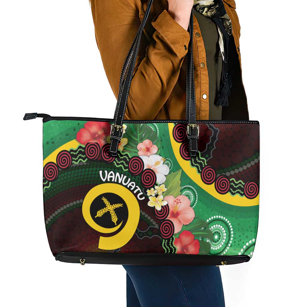 Long God Yumi Stanap Vanuatu Leather Tote Bag Tropical Flowers Aboriginal Pattern