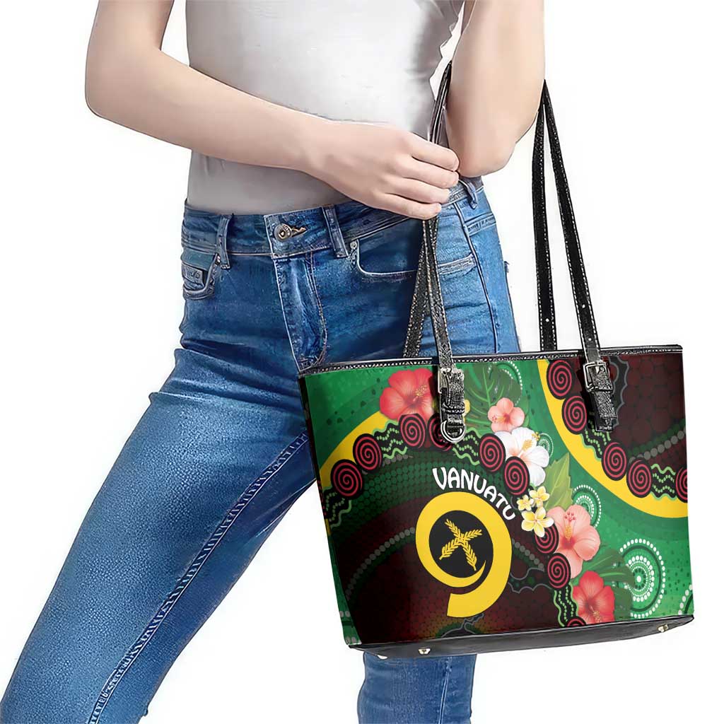 Long God Yumi Stanap Vanuatu Leather Tote Bag Tropical Flowers Aboriginal Pattern