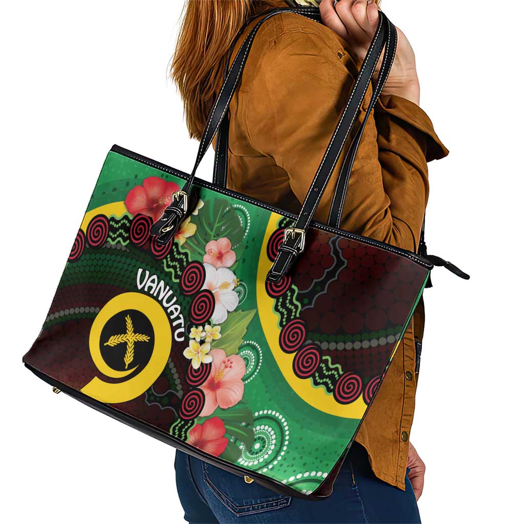 Long God Yumi Stanap Vanuatu Leather Tote Bag Tropical Flowers Aboriginal Pattern