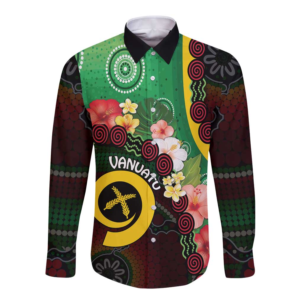 Long God Yumi Stanap Vanuatu Long Sleeve Button Shirt Tropical Flowers Aboriginal Pattern LT14 Unisex Green - Polynesian Pride
