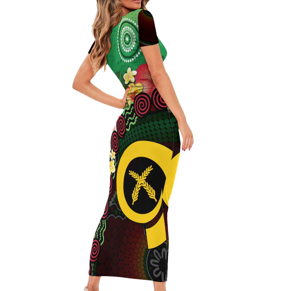 Long God Yumi Stanap Vanuatu Short Sleeve Bodycon Dress Tropical Flowers Aboriginal Pattern