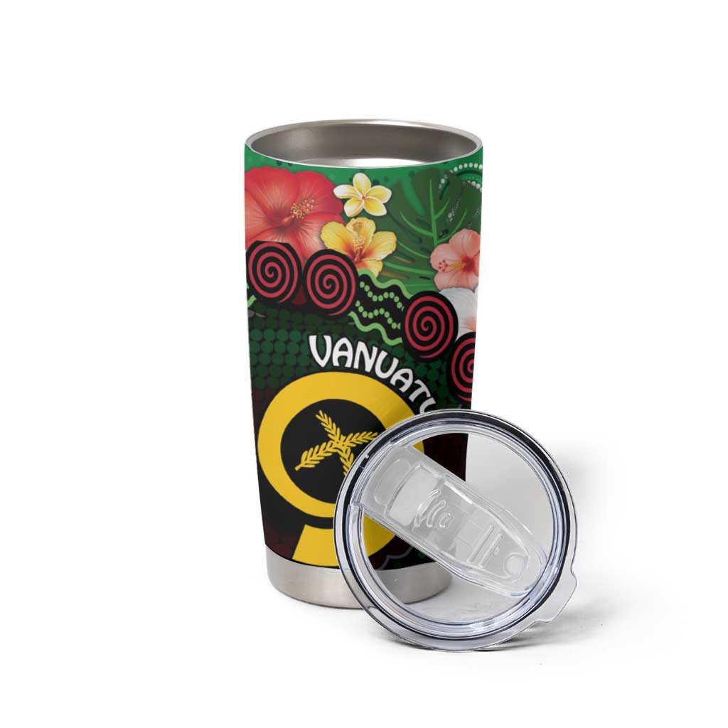 Long God Yumi Stanap Vanuatu Tumbler Cup Tropical Flowers Aboriginal Pattern