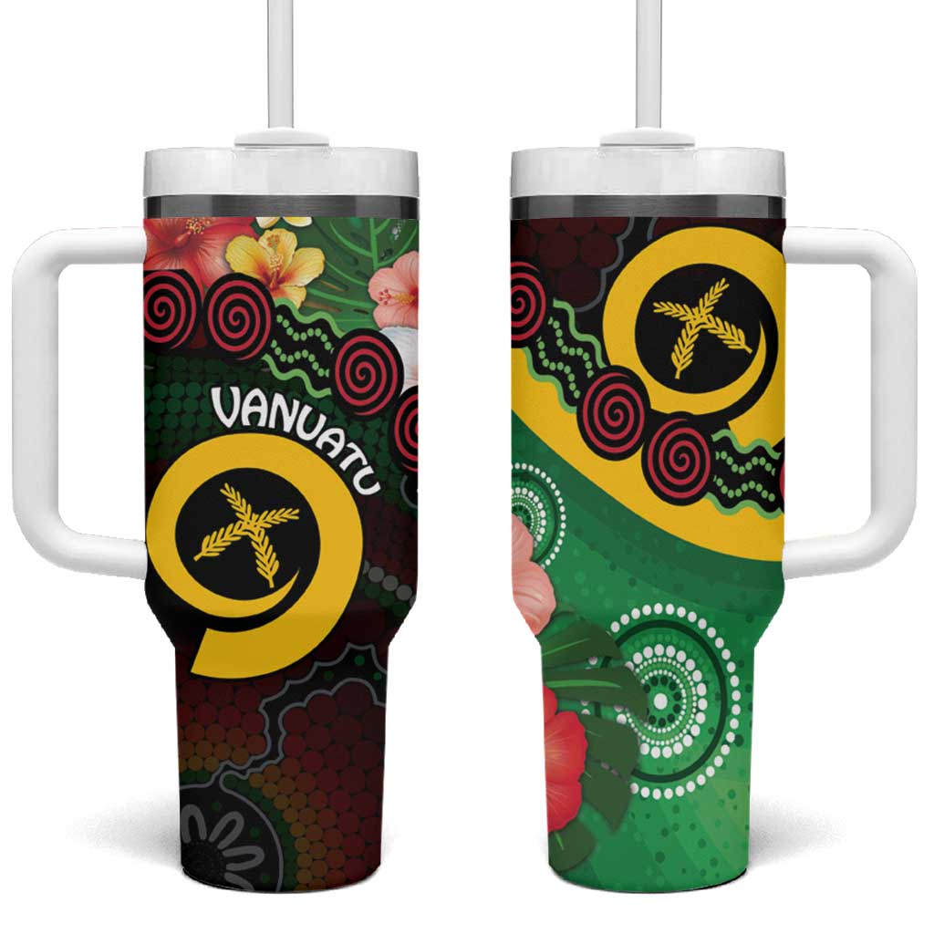 Long God Yumi Stanap Vanuatu Tumbler With Handle Tropical Flowers Aboriginal Pattern
