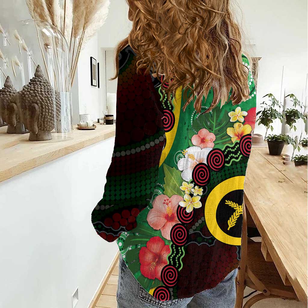 Long God Yumi Stanap Vanuatu Women Casual Shirt Tropical Flowers Aboriginal Pattern