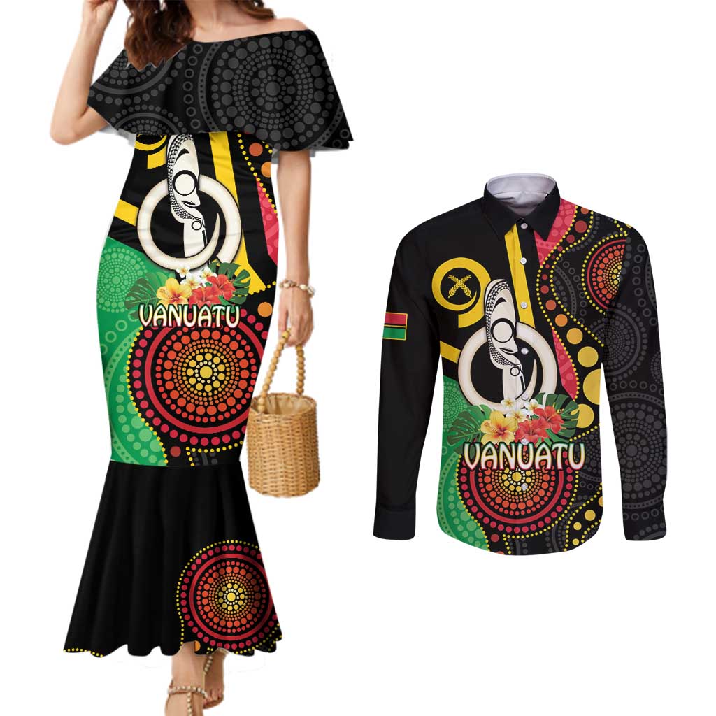 Tamtam Drum Vanuatu Couples Matching Mermaid Dress and Long Sleeve Button Shirt Boar Tusk Aboriginal Flag Style LT14 Black - Polynesian Pride