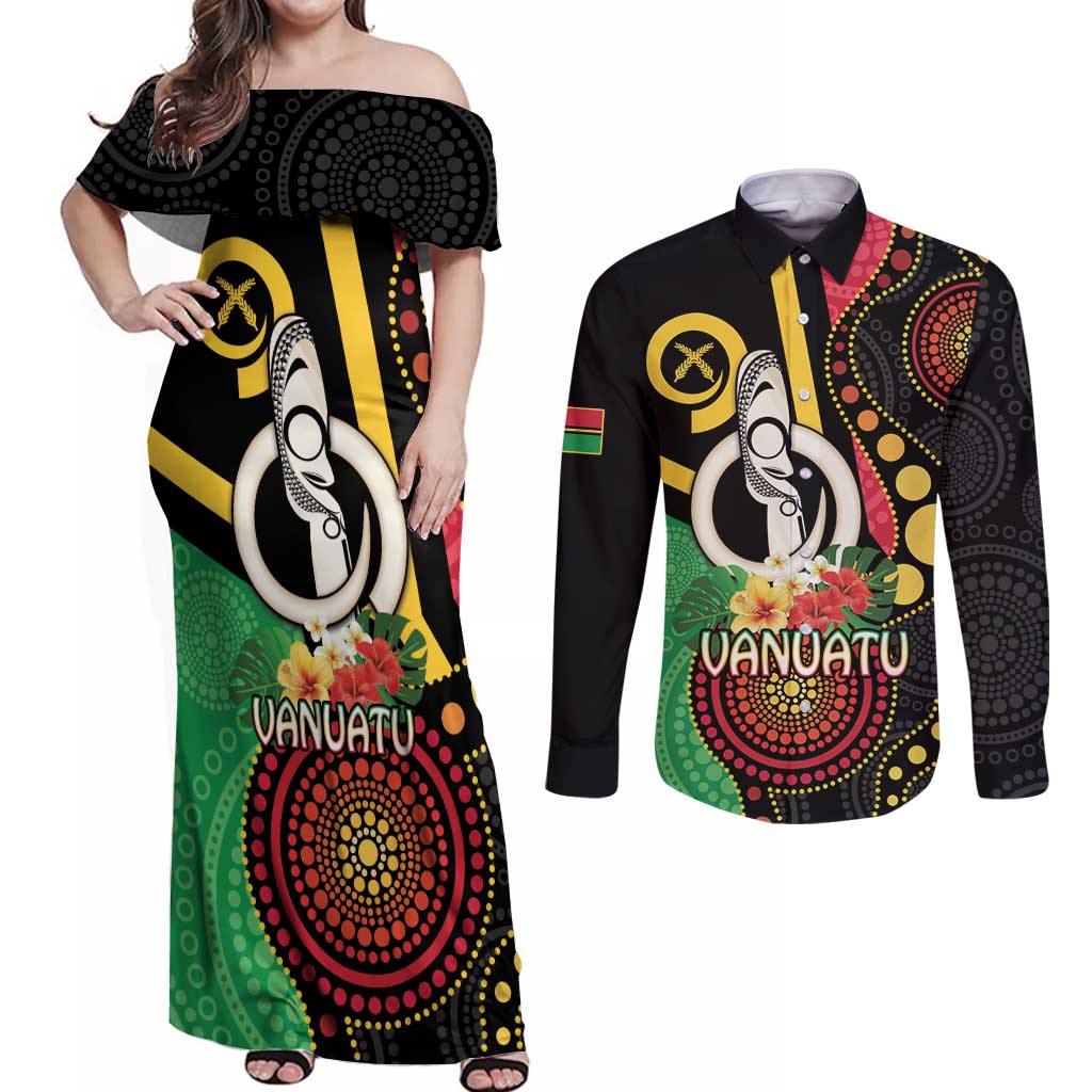 Tamtam Drum Vanuatu Couples Matching Off Shoulder Maxi Dress and Long Sleeve Button Shirt Boar Tusk Aboriginal Flag Style LT14 Black - Polynesian Pride