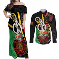 Tamtam Drum Vanuatu Couples Matching Off Shoulder Maxi Dress and Long Sleeve Button Shirt Boar Tusk Aboriginal Flag Style LT14 Black - Polynesian Pride