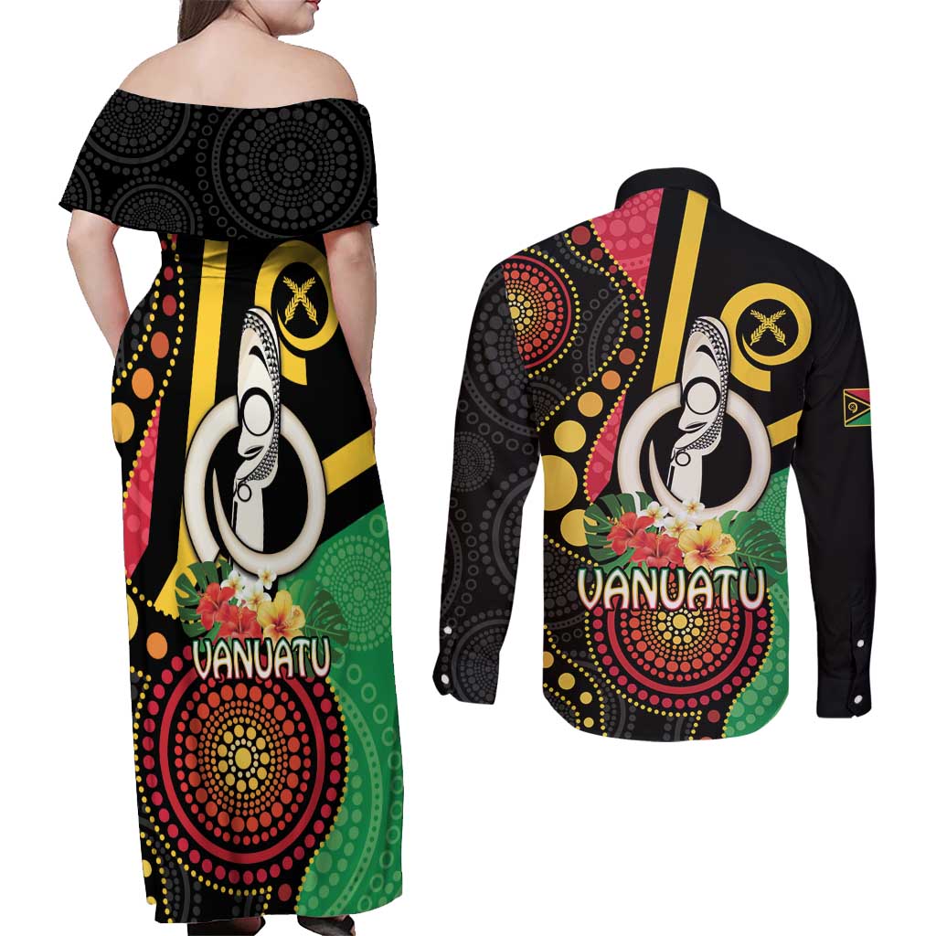 Tamtam Drum Vanuatu Couples Matching Off Shoulder Maxi Dress and Long Sleeve Button Shirt Boar Tusk Aboriginal Flag Style LT14 - Polynesian Pride
