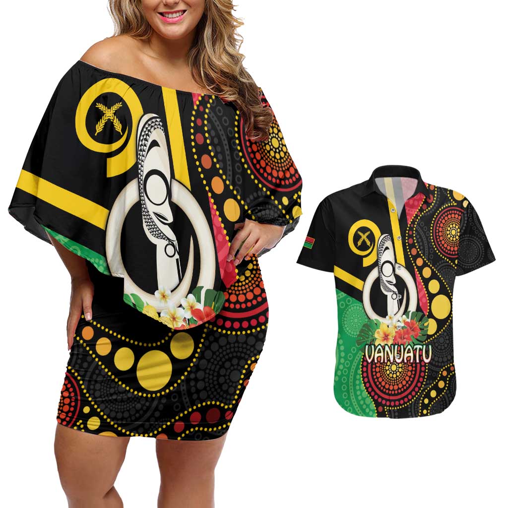 Tamtam Drum Vanuatu Couples Matching Off Shoulder Short Dress and Hawaiian Shirt Boar Tusk Aboriginal Flag Style LT14 Black - Polynesian Pride