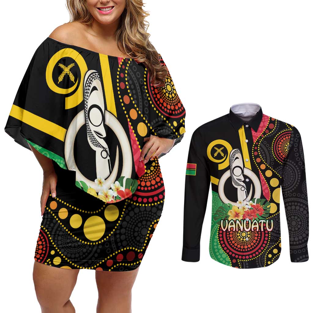 Tamtam Drum Vanuatu Couples Matching Off Shoulder Short Dress and Long Sleeve Button Shirt Boar Tusk Aboriginal Flag Style LT14 Black - Polynesian Pride