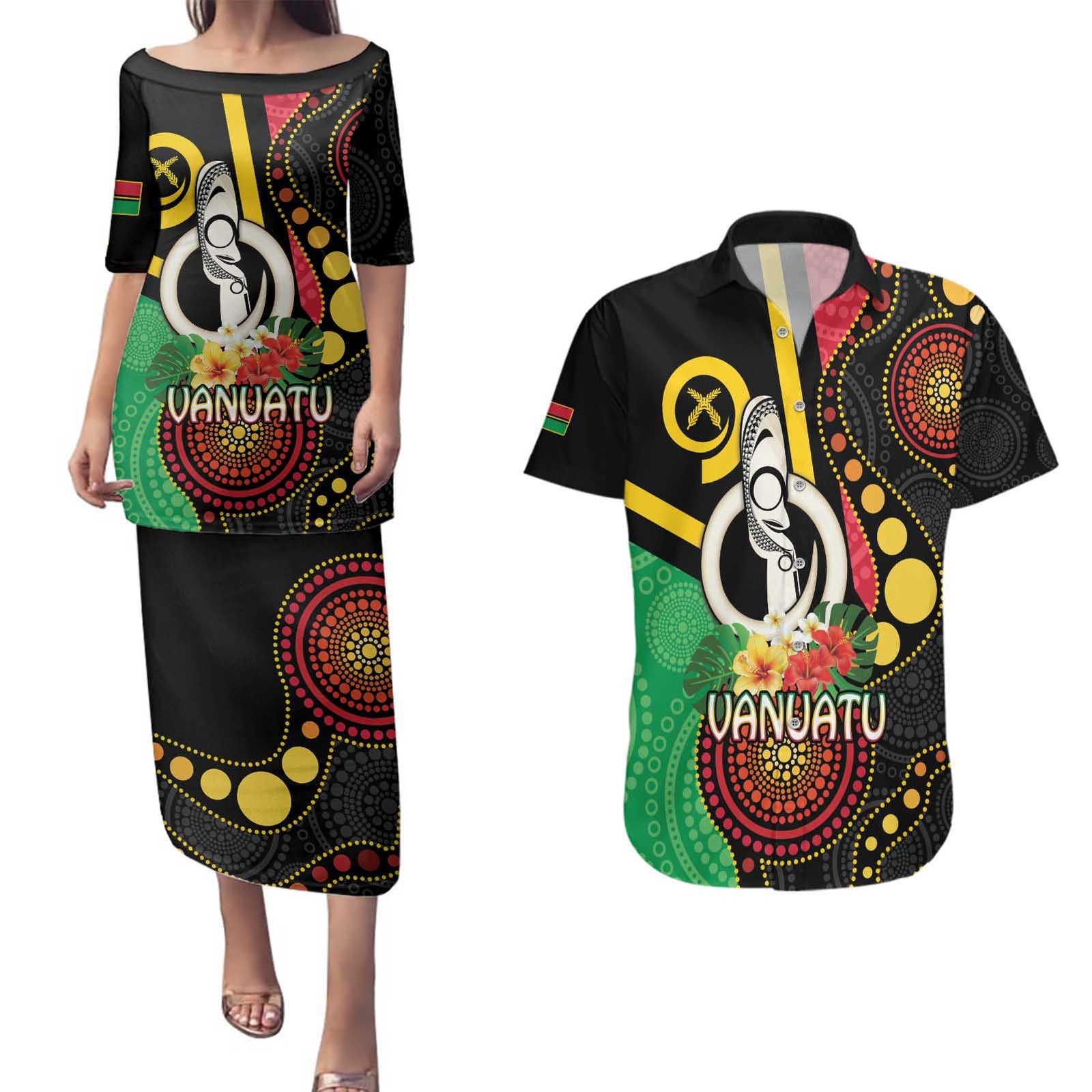 Tamtam Drum Vanuatu Couples Matching Puletasi and Hawaiian Shirt Boar Tusk Aboriginal Flag Style LT14 Black - Polynesian Pride