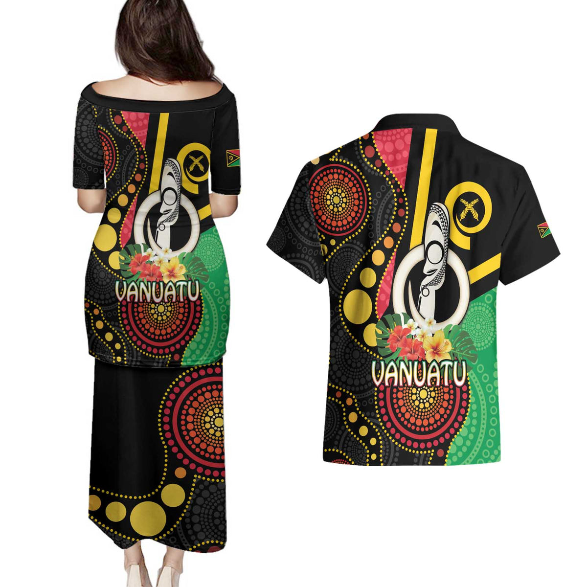 Tamtam Drum Vanuatu Couples Matching Puletasi and Hawaiian Shirt Boar Tusk Aboriginal Flag Style
