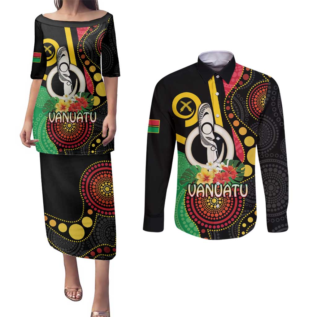 Tamtam Drum Vanuatu Couples Matching Puletasi and Long Sleeve Button Shirt Boar Tusk Aboriginal Flag Style LT14 Black - Polynesian Pride