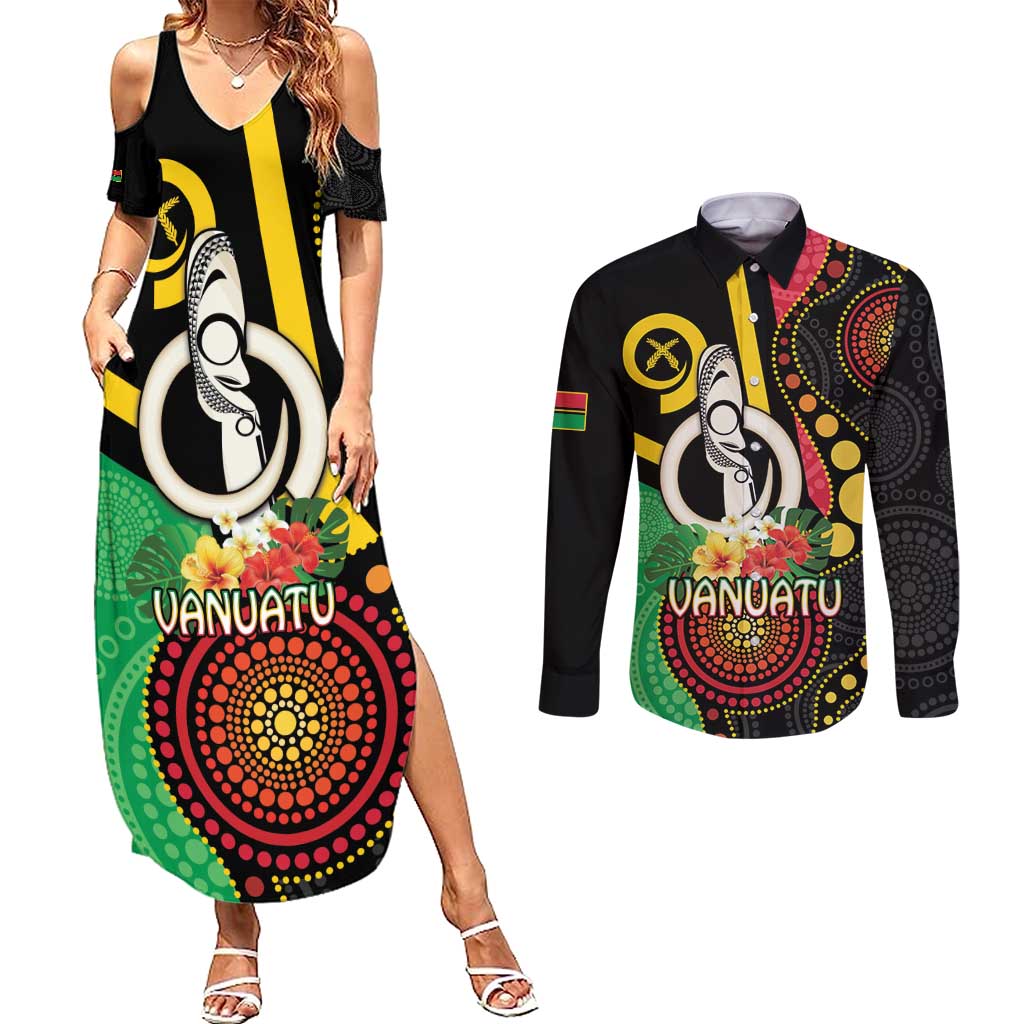 Tamtam Drum Vanuatu Couples Matching Summer Maxi Dress and Long Sleeve Button Shirt Boar Tusk Aboriginal Flag Style LT14 Black - Polynesian Pride