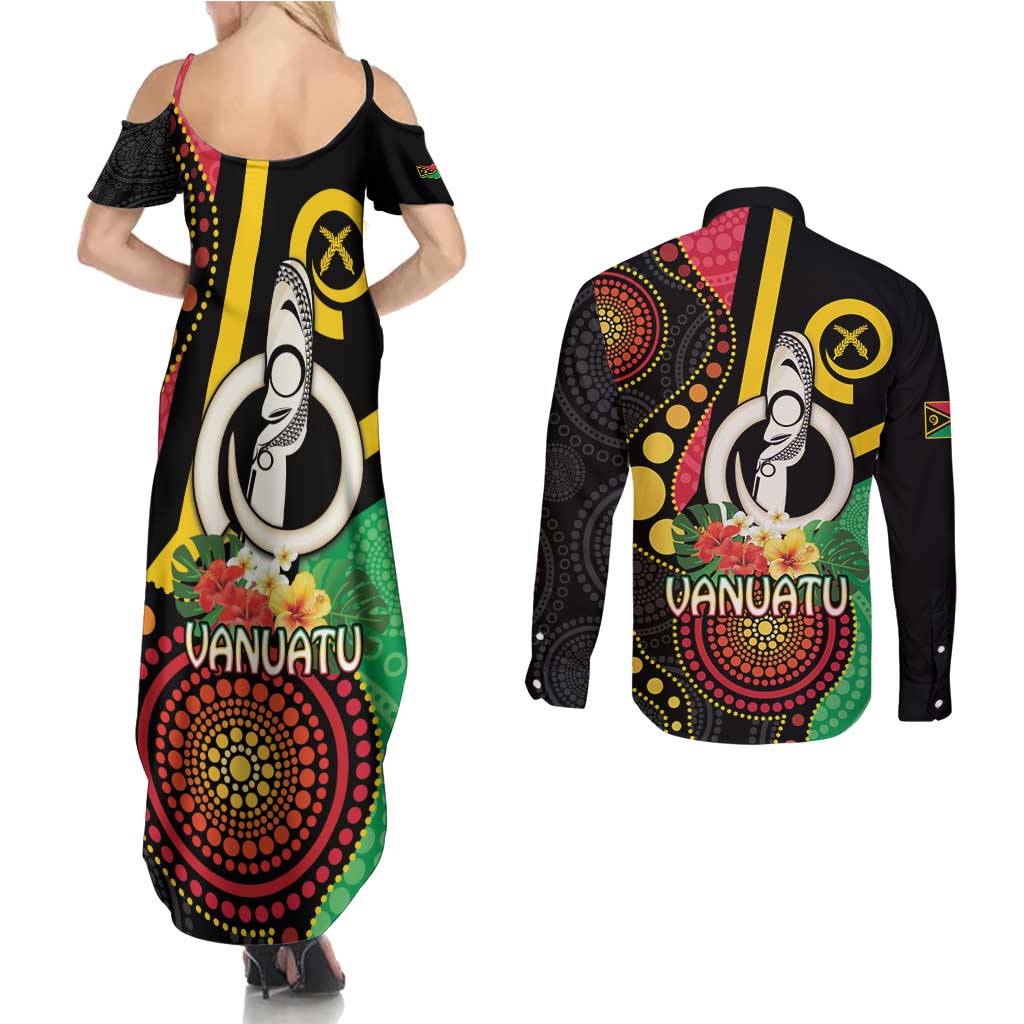 Tamtam Drum Vanuatu Couples Matching Summer Maxi Dress and Long Sleeve Button Shirt Boar Tusk Aboriginal Flag Style LT14 - Polynesian Pride