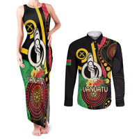 Tamtam Drum Vanuatu Couples Matching Tank Maxi Dress and Long Sleeve Button Shirt Boar Tusk Aboriginal Flag Style LT14 Black - Polynesian Pride